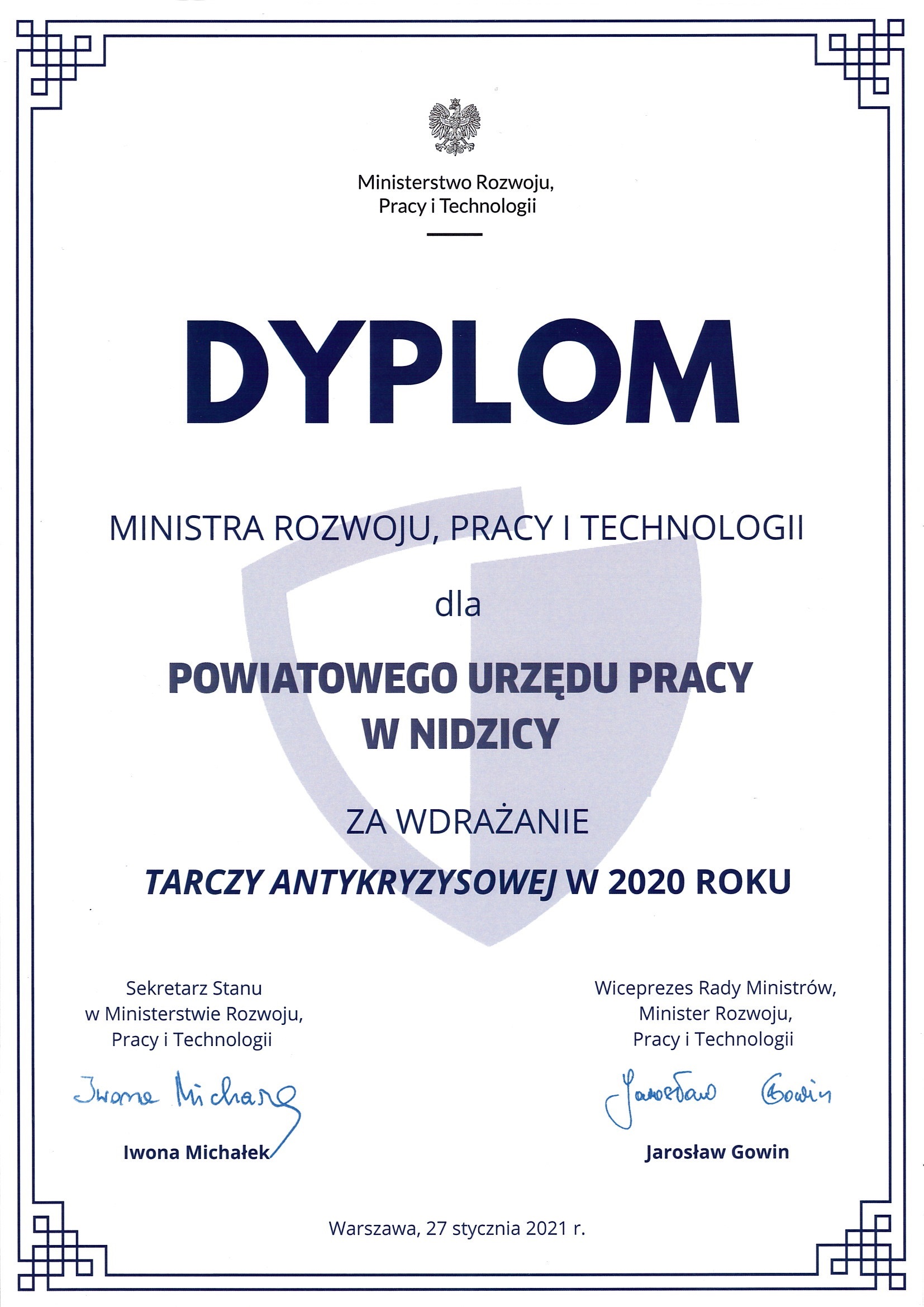Dyplom Ministra Rozwoju, Pracy i Technologii