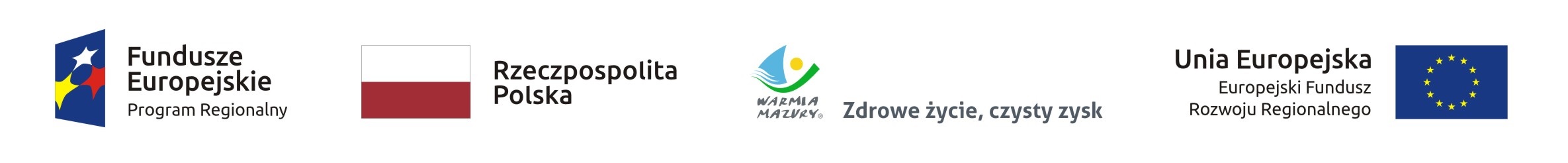 Na obrazku zaczynając od lewej strony znajdują się następujące loga Fundusze Europejskie Program Regionalny, Rzeczpospolita Polska, Warmia-Mazury Zdrowe życie czysty zysk, Unia Europejska Europejski Fundusz Rozwoju Regionalnego